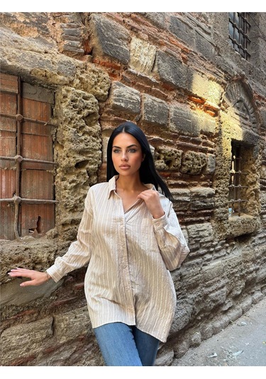 Taş Çizgili Oversize Düğmeli Gömlek Taş