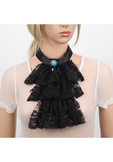 Siyah Sahte Yaka Victoria Rönesans Ayrılabilir Yaka Gömlek Ruffled Jabot Boyunluk Sahne Partisi Steampunk Süslü Elbise Kostüm Siyah