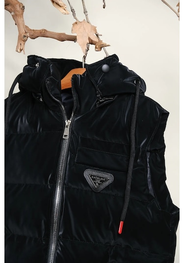 Kapüşonlu Erkek Çocuk Nova Kumaş Şişme Yelek Siyah