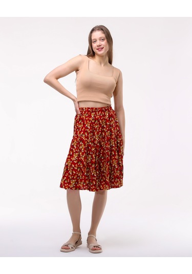 Kırmızı Midi Boy Çiçekli Şort Etek Kırmızı