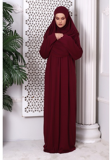 Tek Parça Pratik Başörtülü Robalı Namaz Elbisesi 8015 Bordo