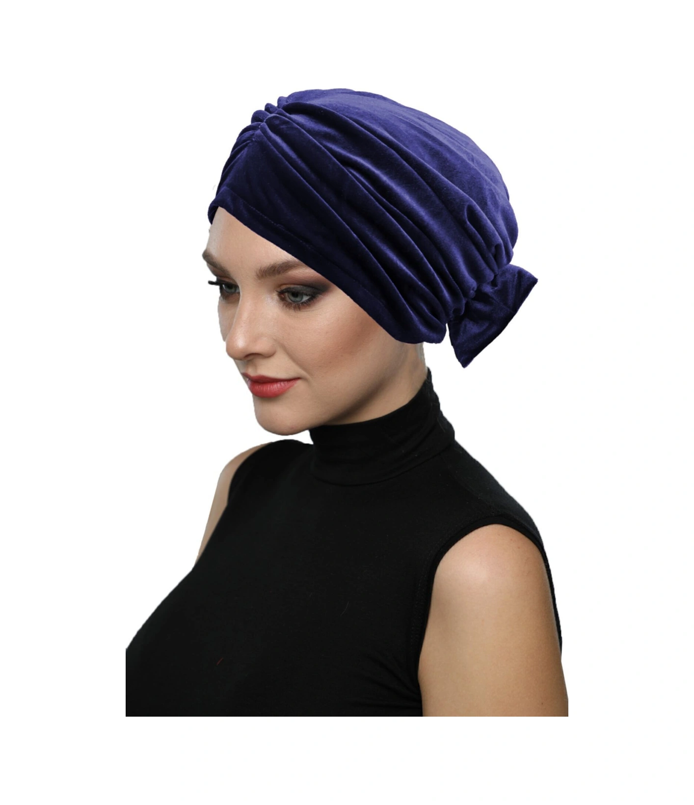 Kadife Fiyonklu Astarlı Lacivert Hazır Türban Tesettür Bone Lacivert