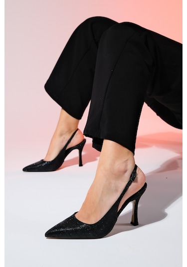 Luvishoes Andes Siyah Çizgili Kadın Sivri Burun Arkası Açık Yüksek Topuklu Ayakkabı Siyah