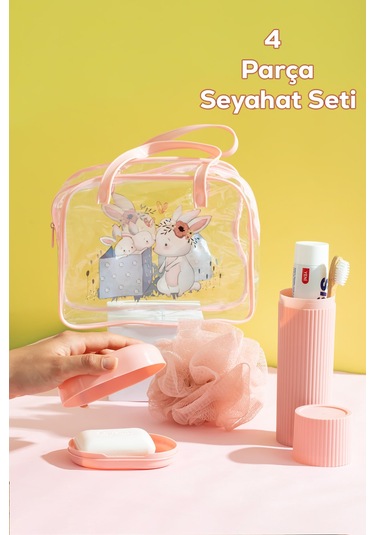 Porsima 3143 Tavşan Figürlü Seyahat Seti - Diş Fırçası Kutusu Banyo Lifi Sabun Kutusu Seyahat Çantası Pembe