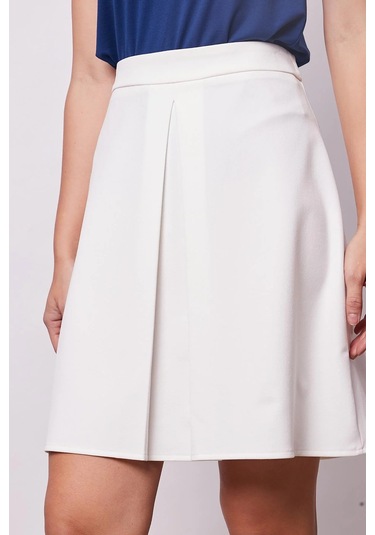 Kadın Yüksek Bel Hafif Likralı Kumaş Pilikaşeli Diz Boy Çan Etek-krem Krem