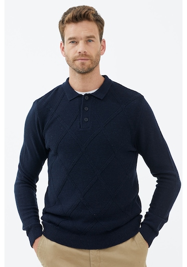 Polo Yaka Düğmeli Triko Kazak  - Lacivert