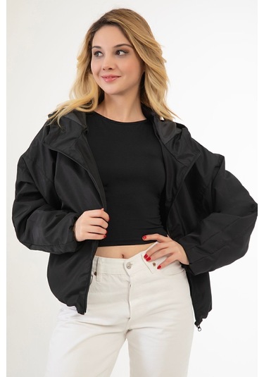 Riverstorm Kadın Siyah Su Ve Rüzgar Geçirmez Kapüşonlu Cepli Oversize Yağmurluk - Rüzgarlık Siyah