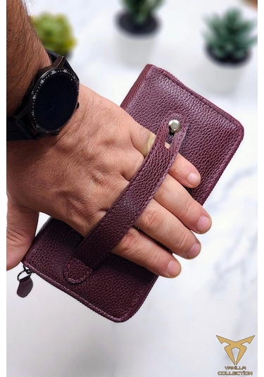 Xclub Model Unisex Telefon Bölmeli El Geçmeli Kordonlu Deri Portföy Kartlık Uzun Cüzdan Bordo Siyah