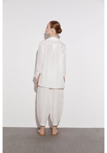 Kadın Keten Gömlek Pantolon Takım Beyaz