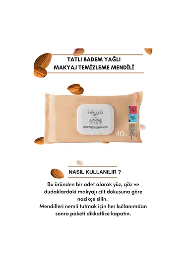 Byphasse Tatlı Badem Yağlı Makyaj Temizleme Mendili Hassas Ciltler 40'lı