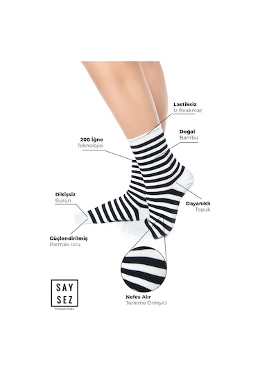 Bambu Kadın Lastiksiz Çizgili Soket Dikişsiz Premium Çorap 3'lü Paket / İz Bırakmaz / Sıkmayan Çorap Renkli Bambu Kadın Lastiksiz Çizgili Soket Dikişsiz Premium Çorap 3'lü Paket / İz Bırakmaz / Sıkmayan Çorap Renkli