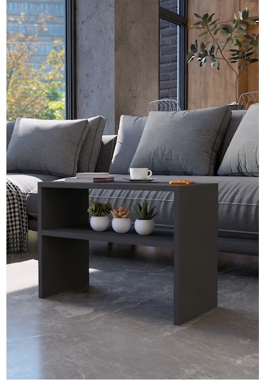 Alpa Ev Mobilya C Tasarım Koltuk Yanı Sehpa, Kitaplıklı Modern Laptop & Kahve Sehpası, Orta Sehpa Antrasit