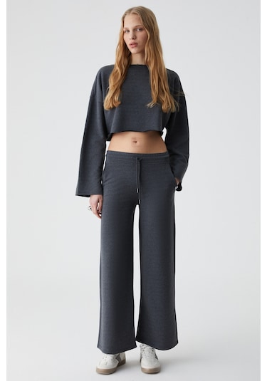 Klıos  Kadın Geniş Paça Yüksek Bel Slim Antrasit Eşofman Takımı