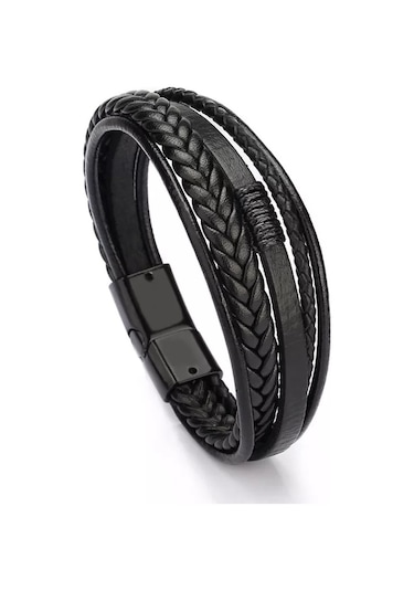 Gogoey Erkek Deri Bileklik Siyah Renk Manyetik Bileklik Db5035 Siyah