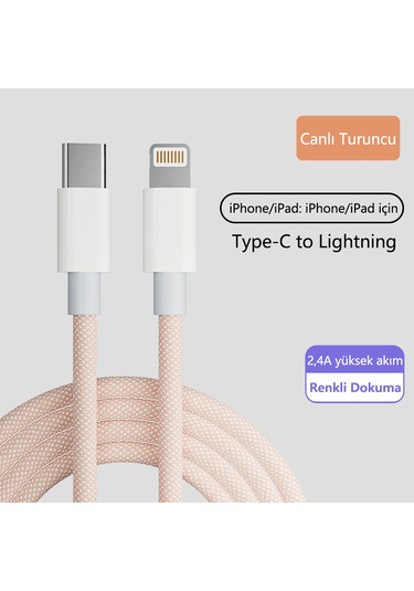 20w Type-c - Lightning Hızlı Şarj Kablosu Kalın Dokuma İphone 13/12/11/x Uyumlu Akıllı Çipli 1m Turuncu 1m Tip-c - Apple