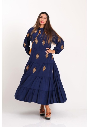 Kadın Lacivert Önü Ve Kolları Otantik Nakışlı Eteği Kat Kat Uzun Elbise-lacivert