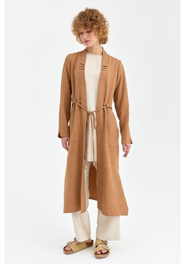 Bağcık Detaylı Tunik Ceket Pantolon Takım Camel Kahverengi