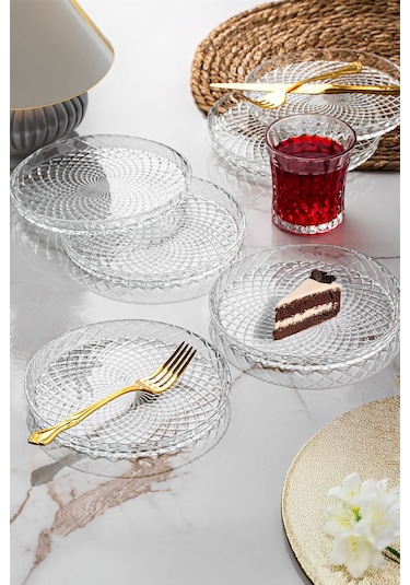 Porsima Venedik Pasta Tabağı Dik Tabak - 6lı Cam Sunumluk Pasta Kurabiye Kek İkram Servis Tabağı-16 Cm Şeffaf