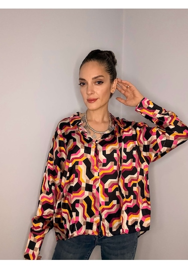 Ali Butik Retro Pembe Desenli Saten Gömlek Pembe
