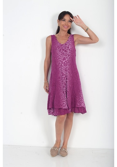 By Saygı Kadın İtalyan Cotton Leopar Desenli Astarlı Sıfır Kol Midi Elbise Mürdüm