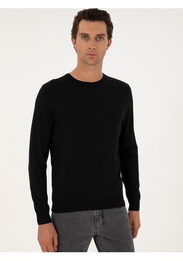 Cacharel Siyah Slim Fit Yün Karışımlı Bisiklet Yaka Basic Triko Kazak