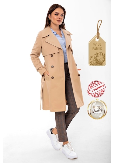 Pastelastore %100 Pamuk Gabardin Midi 95cm Astarlı Kemerli Kadın Trençkot 1113 Açık Bej
