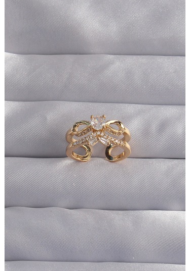 Pirinç Ayarlamalı Gold Renk Zirkon Taşlı 2li Görünüm Fiyonk Yüzü Renkli