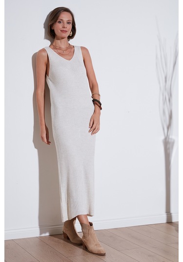 Lela V Yaka Fitilli Uzun Triko Bayan Elbise 4616169 Açık Taş