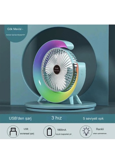Masaüstü Vantilatör Usb Şarjlı Rgb Led Işıklı 3 Kademeli 180 Ayarlanabilir Soğutucu Fan Mavi - 9067609712148ynt