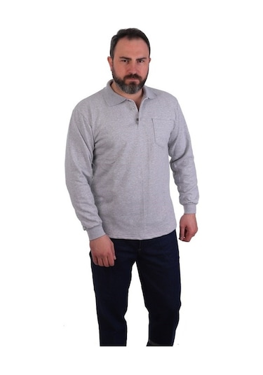 Eser - Polo Yaka Sweatshirt - Cepli - Gri Açık