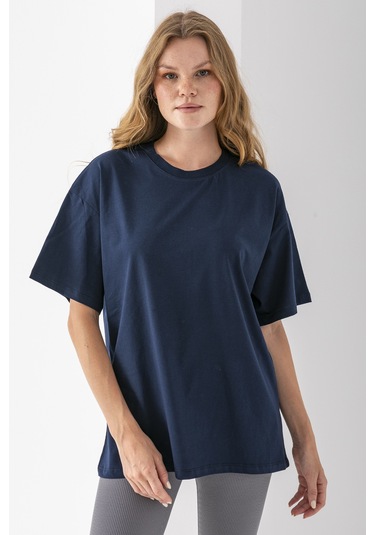 Giysa Kadın Bisiklet Yaka Düz Basic Pamuklu T-shirt Lacivert - 25501 Lacivert