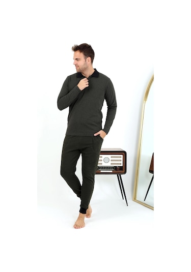 Akbeniz Erkek Polo Yaka Uzun Kol Penye Pijama Takımı 6862 Haki Haki