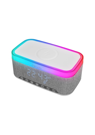 Mikado MD-W8 1200mAh 10W Gri Bluetooth-Usb-Kablosuz Şarj RGB-Gece Lambası Özellikli Alarmlı Saat Speaker