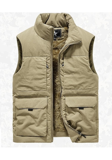 Kalın Polar Retro Çok Cepli Dik Yaka Erkek Yeleği. Siyah