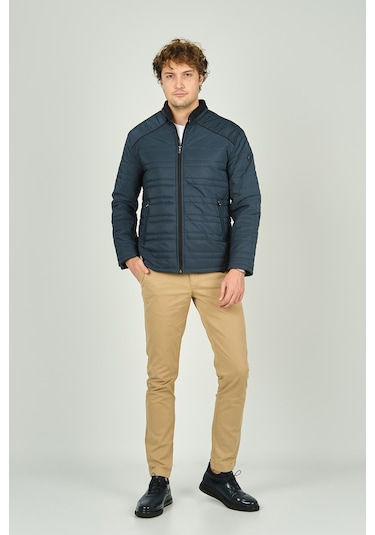 Lucas Erkek Dik Yaka Deri Biyeli Kapitone Mont 4706 Petrol Petrol