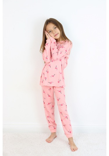 Kız Çocuk Orta Kalınlıkta Basic Baskılı Pijama Takımı Koyu Pembe