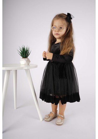 Kız Çocuk Yılbaşı Temalı Fiyonklu Eteği Tül Uzun Kol Elbise Siyah