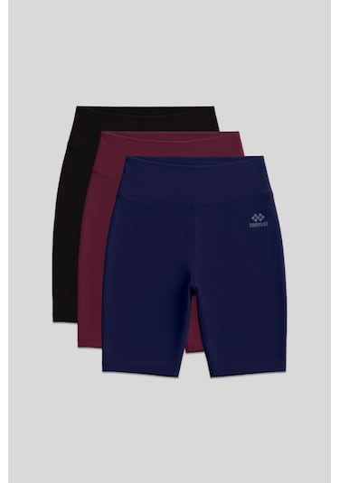 Slim Fit 3lü Paket Siyah-indigo-bordo Kadın Kısa Biker Tayt - 91007 Siyah - Mavi