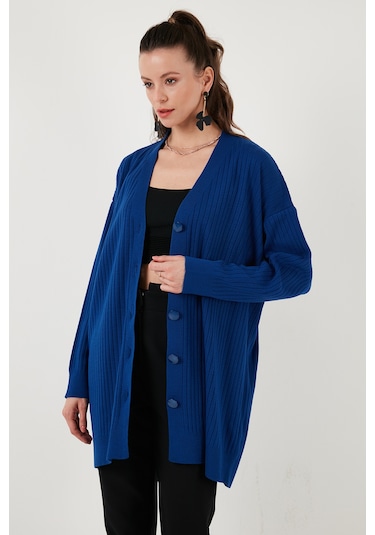 Lela V Yaka Düğmeli Uzun Triko Bayan Hırka 4616040Y Mürekkep