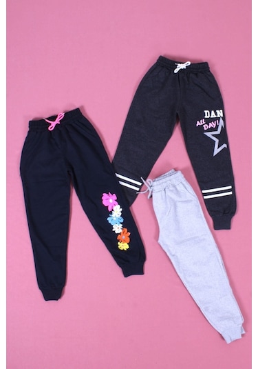 Fyk Kids 3'lü Karışık Desenli, Yüksek Bel Detaylı Kız Çocuk Eşofman Altı Çok Renkli