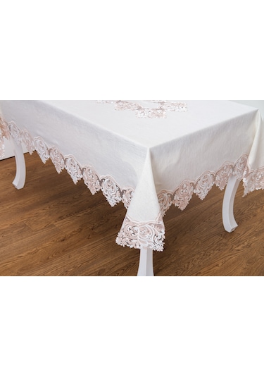 Finezza Laura Lüx Dantelli Simli Keten Kumaş Bej Masa Örtüsü  160x220 cm-1474