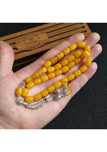 Vipkehribar Sarı Hareli Sıkma Kehribar Yılangözü Tesbih 8 x11 MM