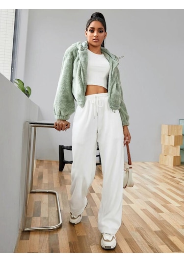 Kallima Kışlık Polarlı Yüksek Bel Beyaz Bol Paça Eşofman Altı Siyah
