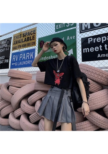 Yüksek Bel Kadın Mini Etek Punk Tarzı Cep Kadın Eteği Yaz Streetweed Kadın Pilili Etek Siyah