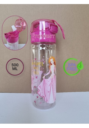 Pipetli Suluk Matara - Kilit Kapaklı Prenses Temalı - 500 Ml