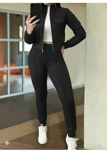 S-pazarım Kadın Uzun Kollu Önden Fermuarlı Kısa Modal Ceket Ve Pantolon Ikili Takım Siyah