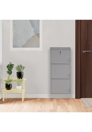 Kilitli 3'lü Metal Ayakkabılık - Gri