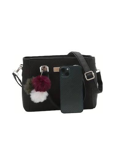 Kadınlar İçin Şık Küçük Çanta, Düz Renk Çapraz Çanta, Ponpon Topu Kolye İle Zarif Üst Sap Siyah