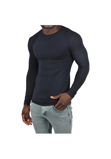 Deepsea Erkek Lacivert Uzun Kollu Dar Kalıp Ince Sıfır Yaka Sweatshirt 2300423 False Lacivert