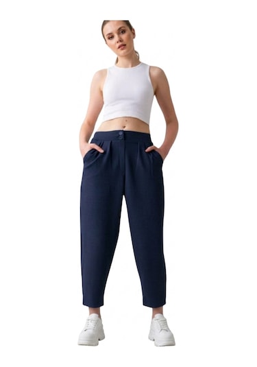 Thiff Gymwear Çift Düğmeli Havuç Model Bilek Boy Kadın Kumaş Pantolon Lacivert
